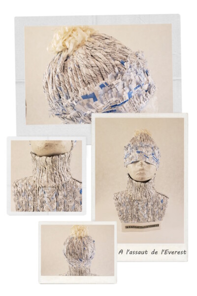 Buste en papier "A l'assaut de l'Everest". Buste "A l'assaut de l'Everest" représentant une personne portant un bonnet et un gros pull d'hiver.