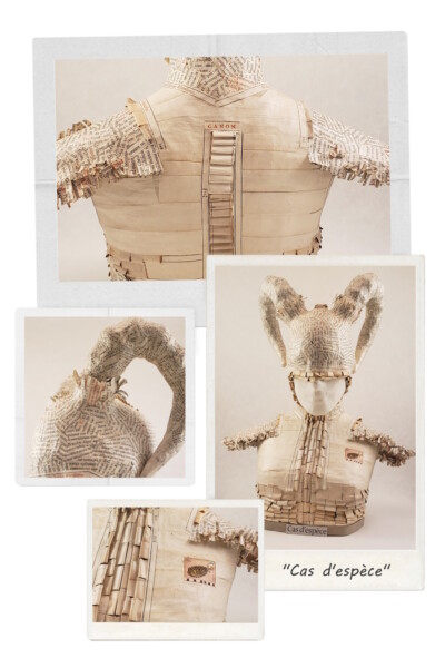 Buste en papier "Cas d'espèce". Buste "Cas d'espèce" d'un guerrier coiffé d'un casque avec des cornes de bélier et habillé d'une tunique avec épaulettes.