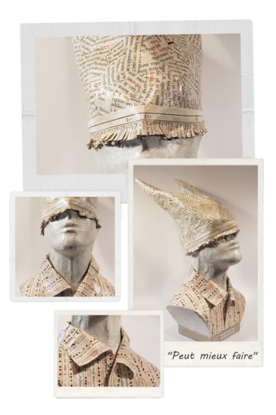 Buste en papier d'un cancre "Peut mieux faire" Buste d'un homme portant un bonnet d'âne